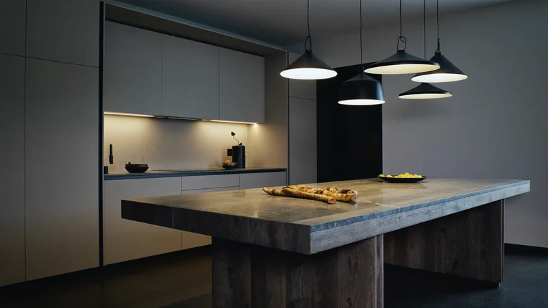 Küche mit matten Fronten, Steinarbeitsplatte, Holztisch und Pendelleuchten aus niedrigem Blickwinkel